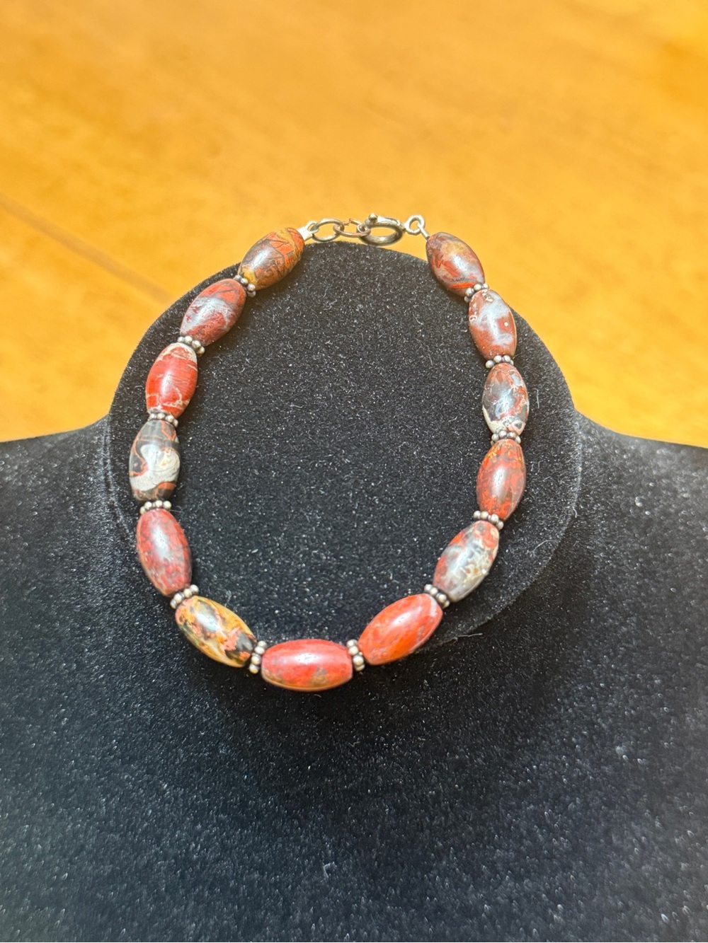 925 Red Jasper Bead Bracelet with Silver Accents